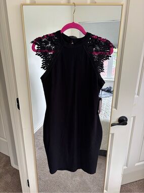 iris Black Mini Dress with Lace Cap Shoulders